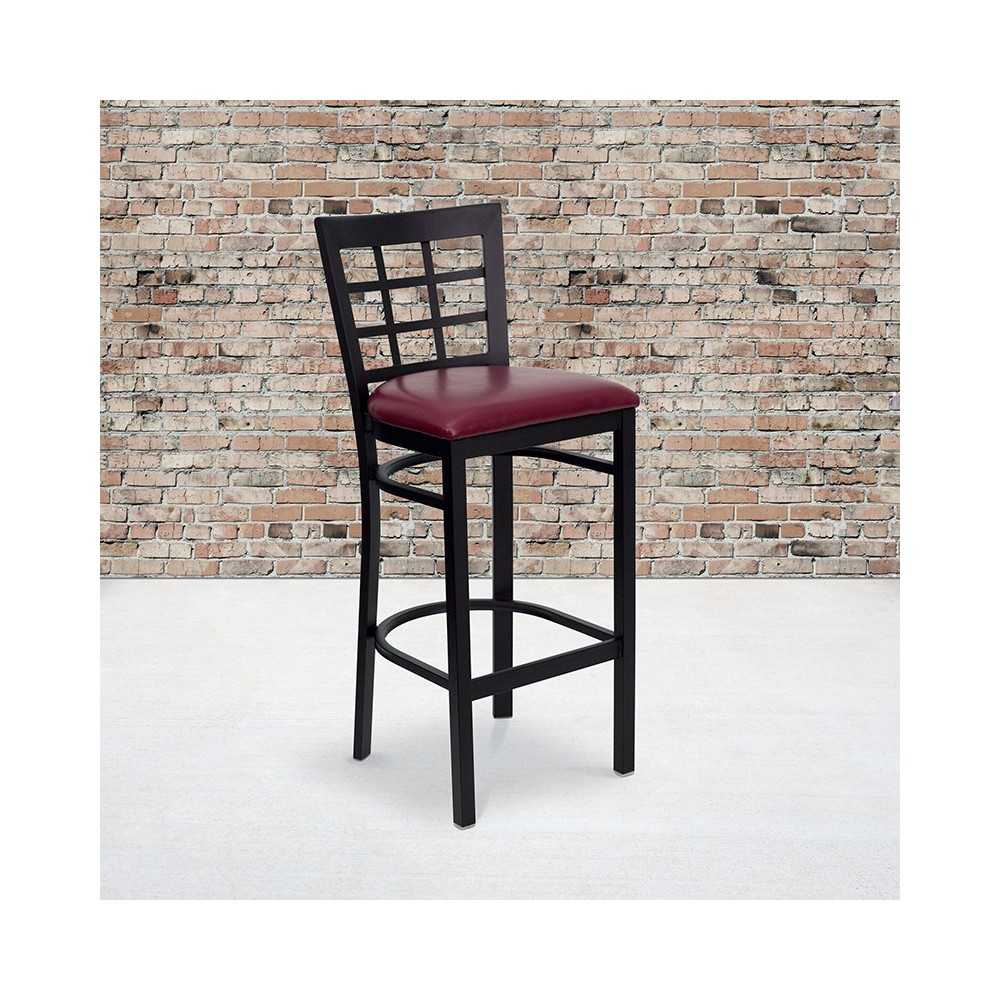 Black Window Back Metal Restaurant Barstool - Burgundy Vinyl Seat