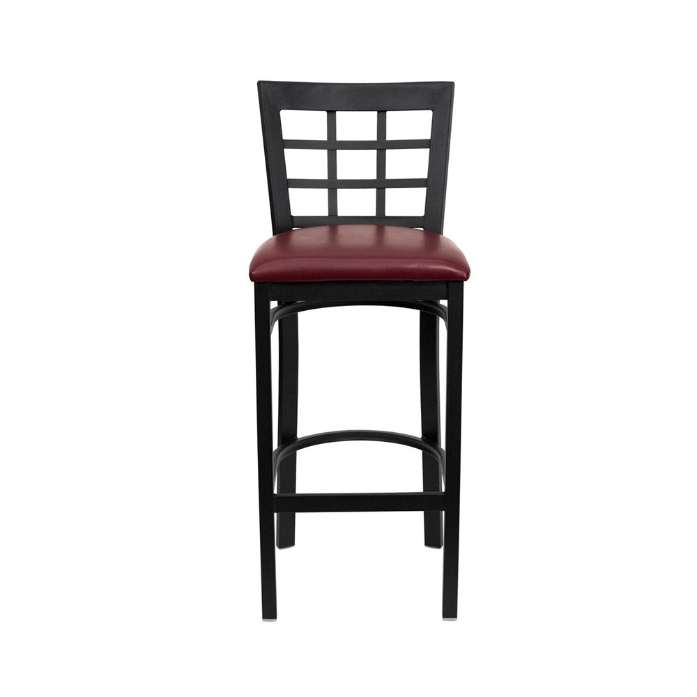 Black Window Back Metal Restaurant Barstool - Burgundy Vinyl Seat