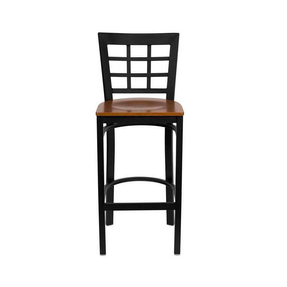 Black Window Back Metal Restaurant Barstool - Cherry Wood Seat