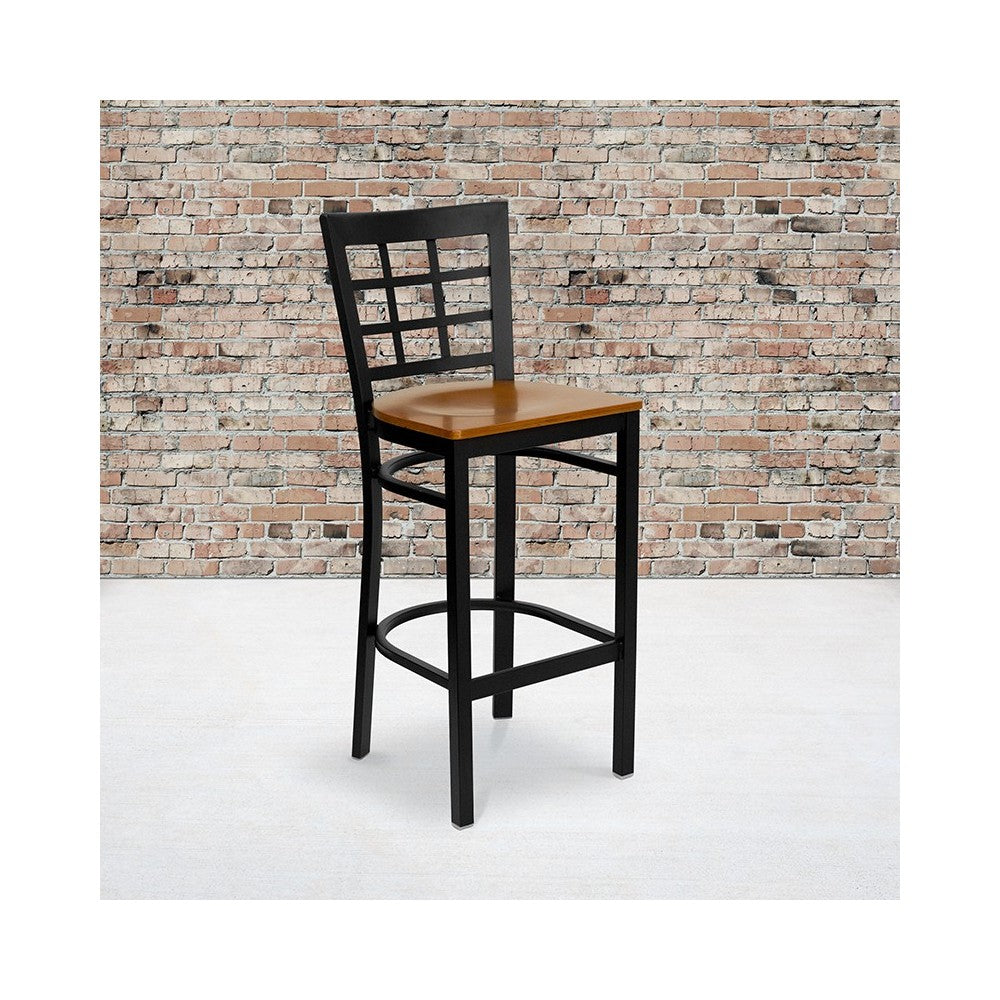 Black Window Back Metal Restaurant Barstool - Cherry Wood Seat