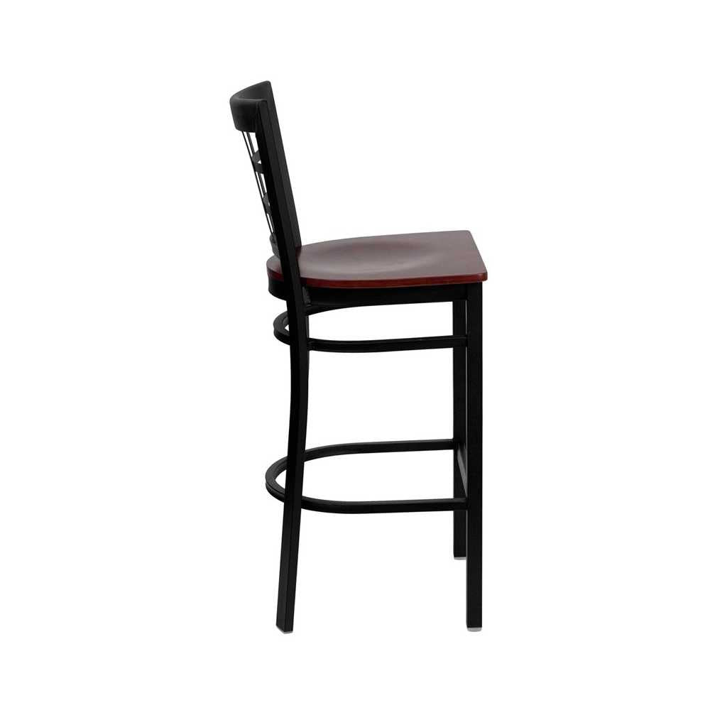 Black Window Back Metal Restaurant Barstool - Mahogany Wood Seat