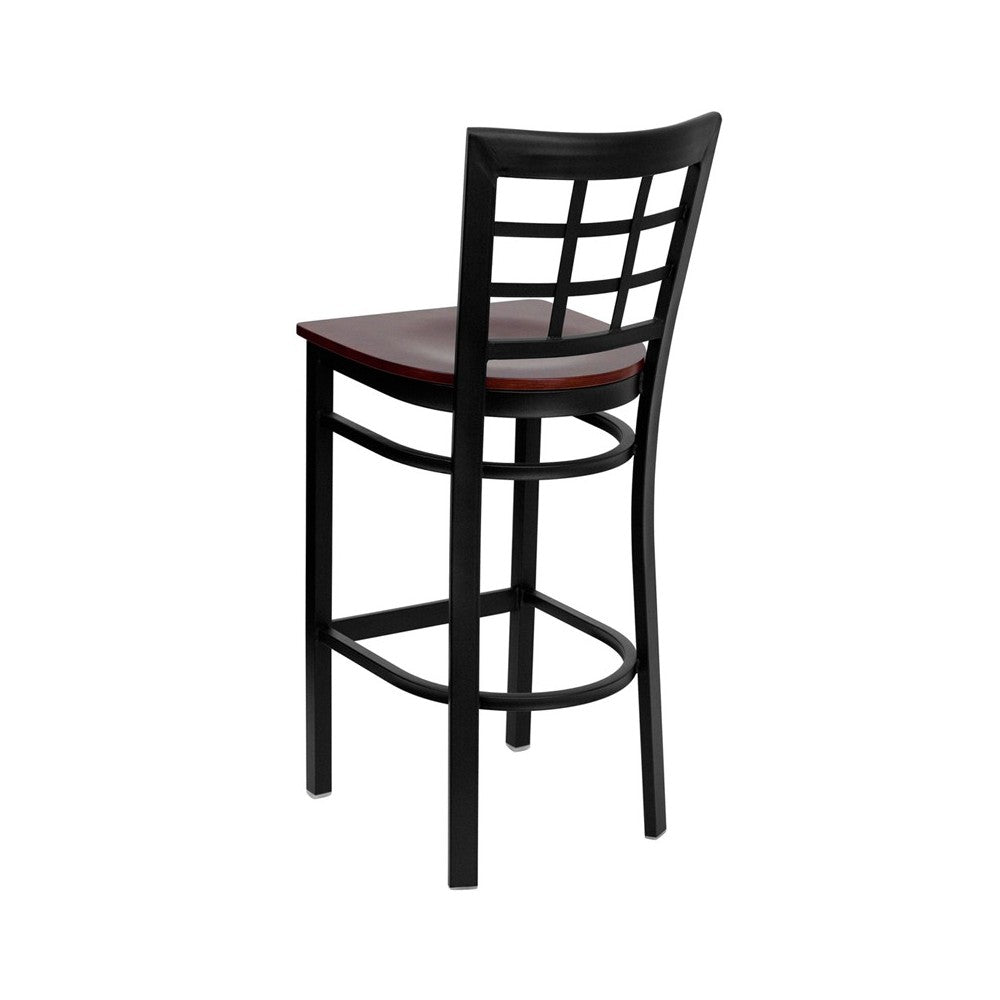 Black Window Back Metal Restaurant Barstool - Mahogany Wood Seat