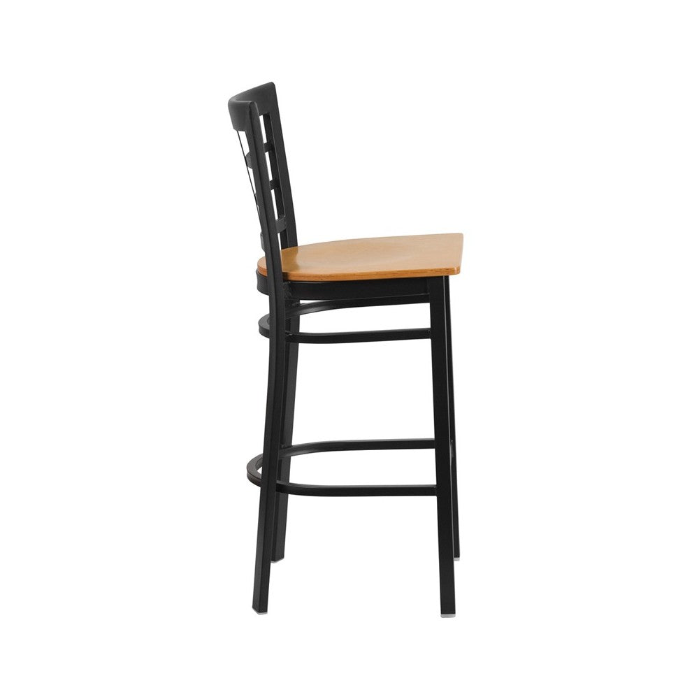 Black Window Back Metal Restaurant Barstool - Natural Wood Seat