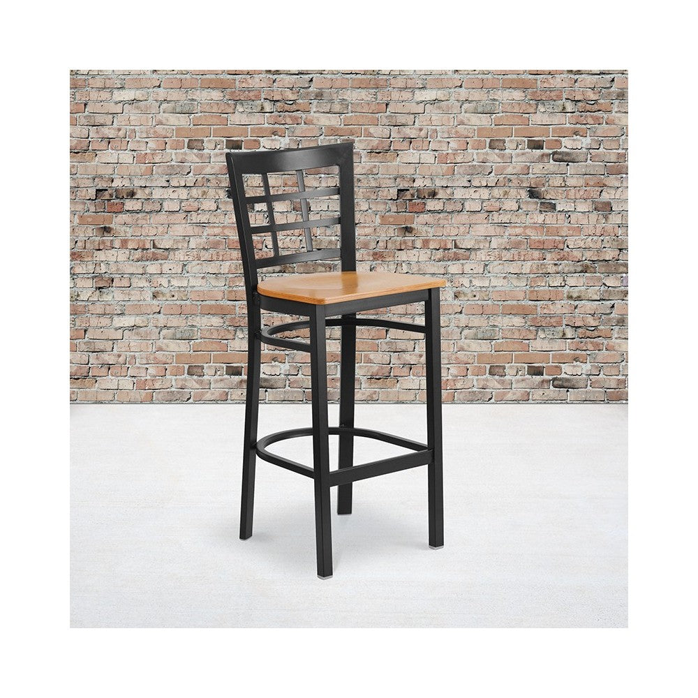 Black Window Back Metal Restaurant Barstool - Natural Wood Seat