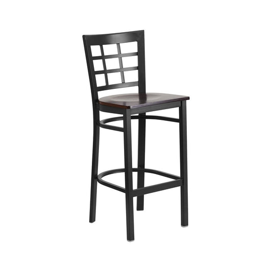 Black Window Back Metal Restaurant Barstool - Walnut Wood Seat