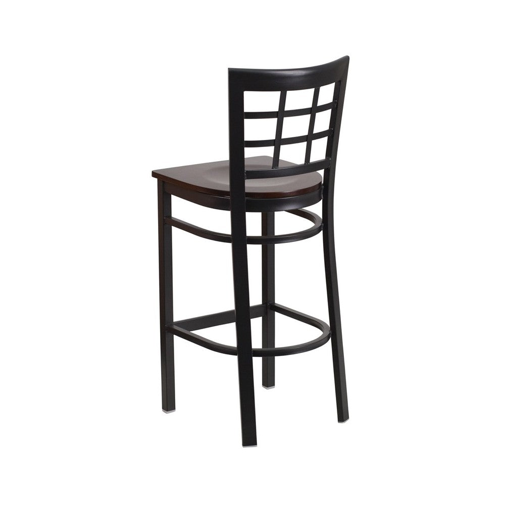Black Window Back Metal Restaurant Barstool - Walnut Wood Seat
