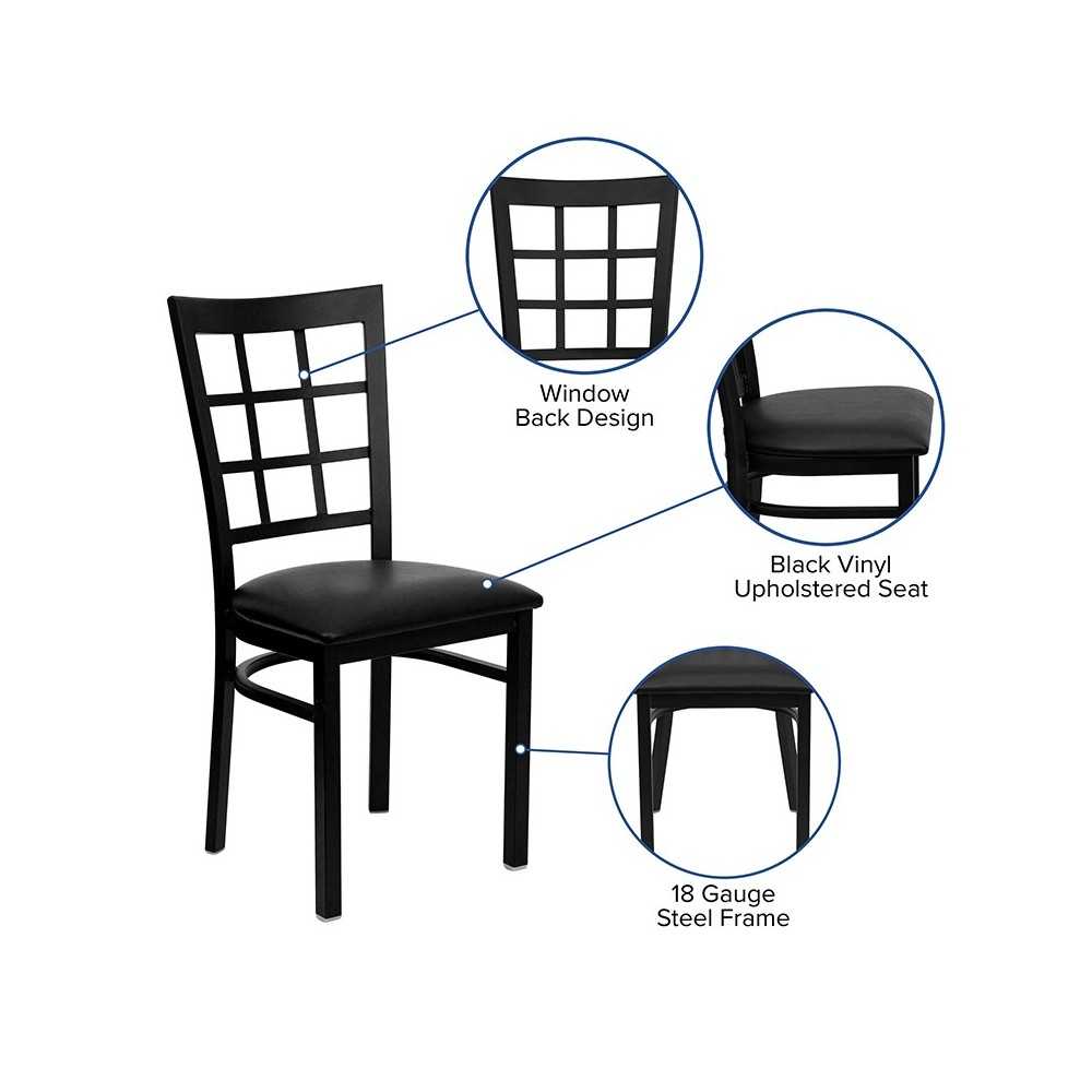 Black Window Back Metal Restaurant Chair - Black Vinyl Seat