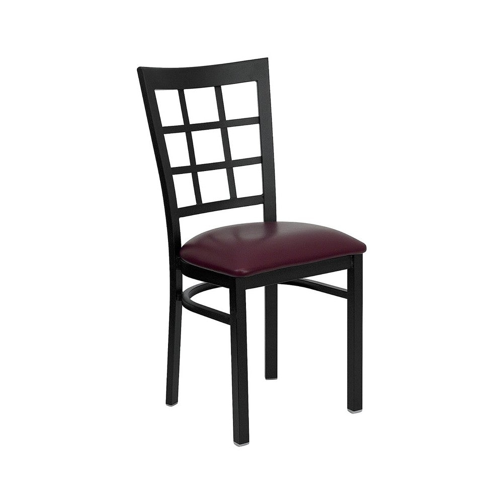 Black Window Back Metal Restaurant Chair - Burgundy Vinyl Seat