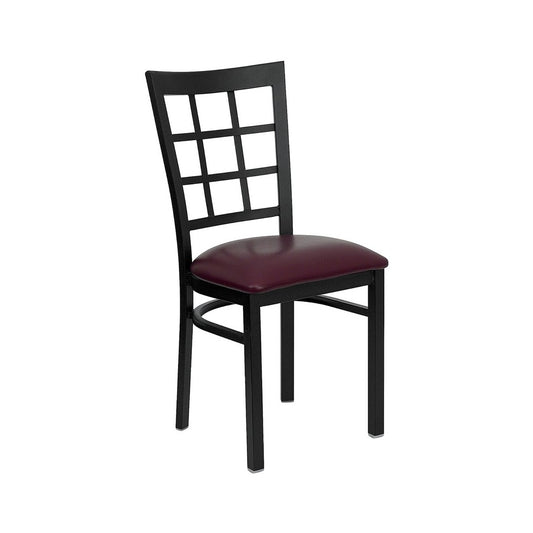 Black Window Back Metal Restaurant Chair - Burgundy Vinyl Seat
