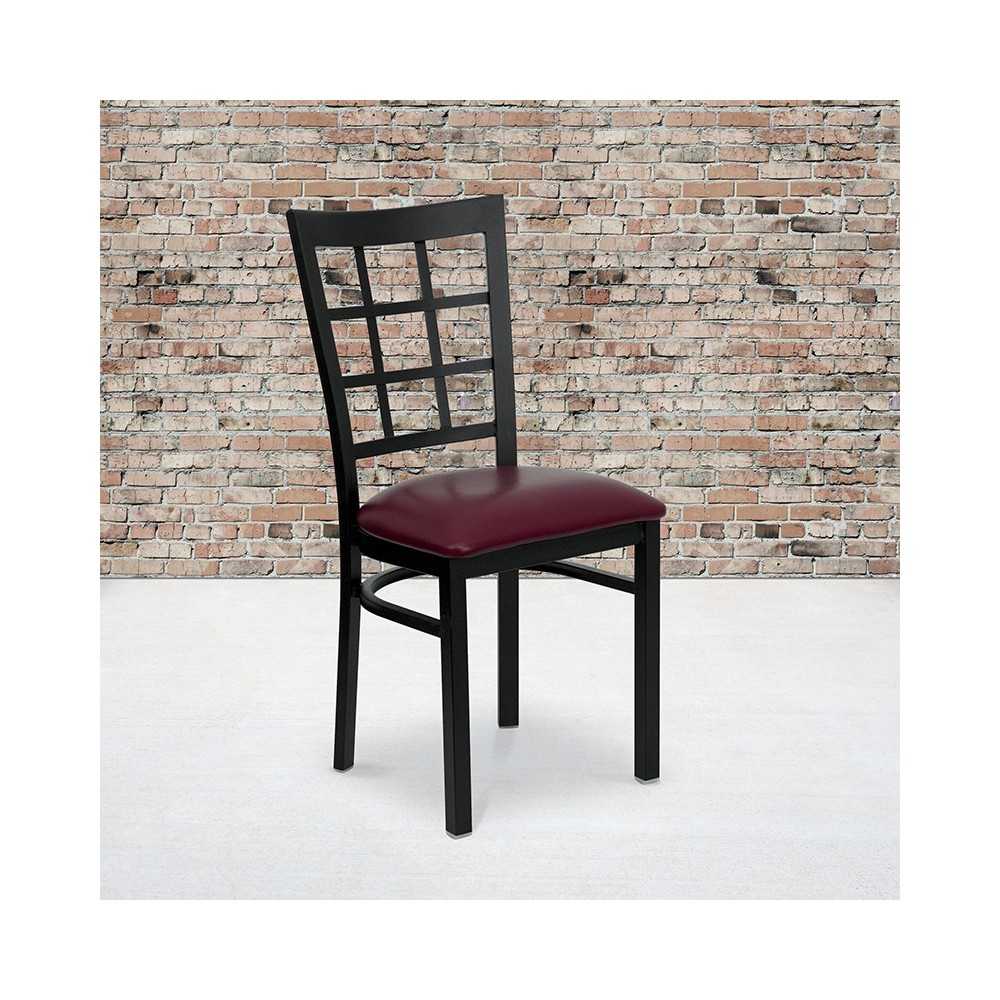 Black Window Back Metal Restaurant Chair - Burgundy Vinyl Seat