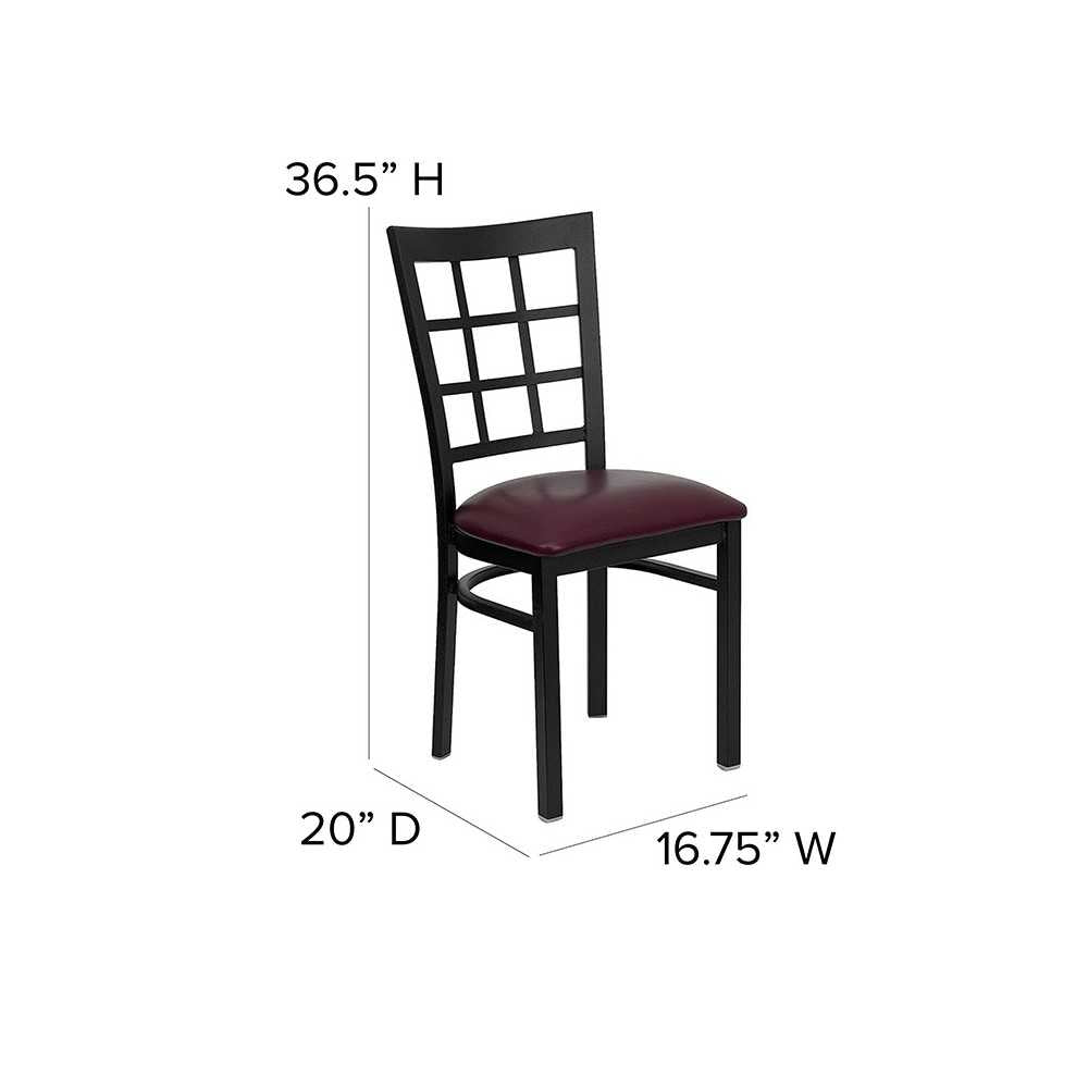 Black Window Back Metal Restaurant Chair - Burgundy Vinyl Seat