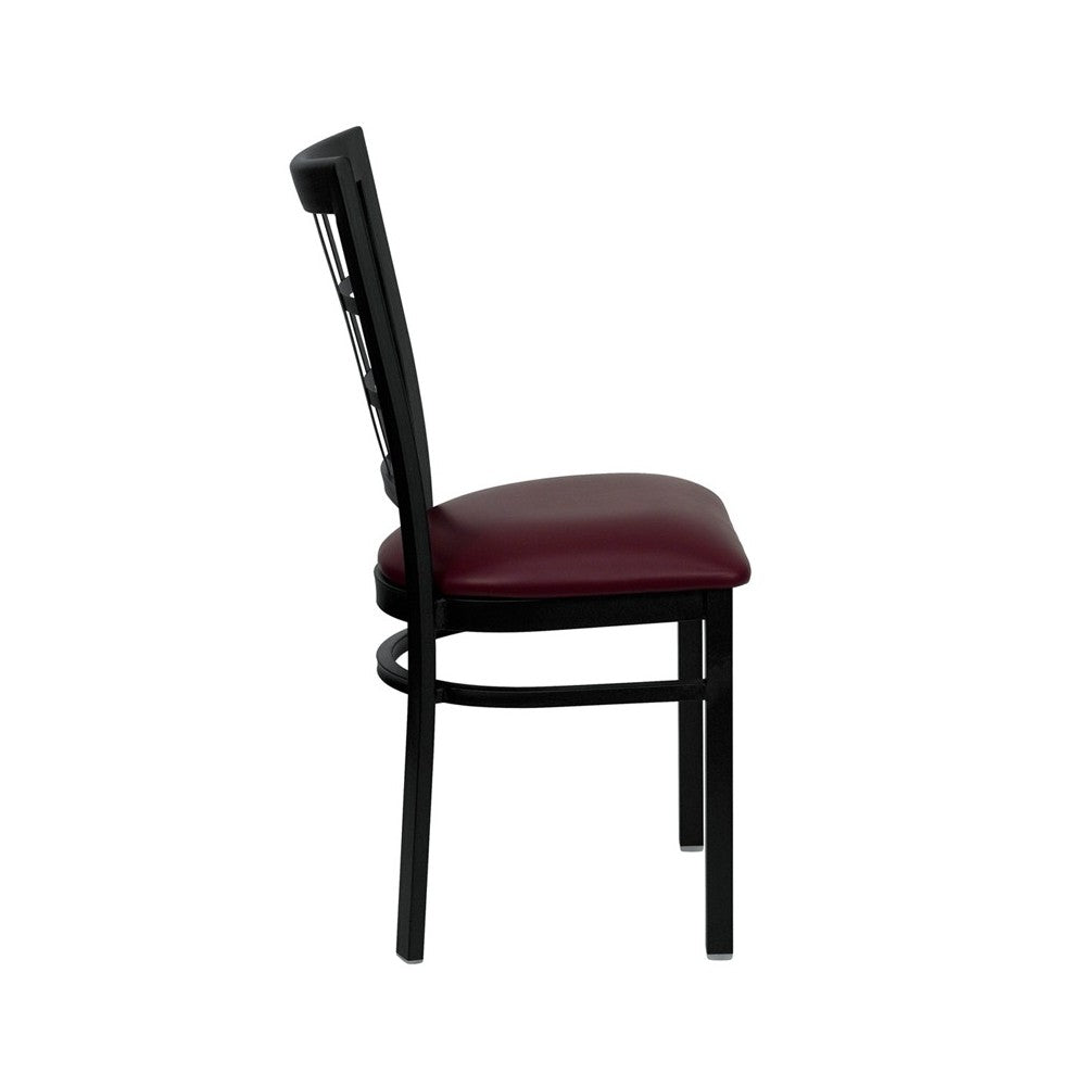 Black Window Back Metal Restaurant Chair - Burgundy Vinyl Seat