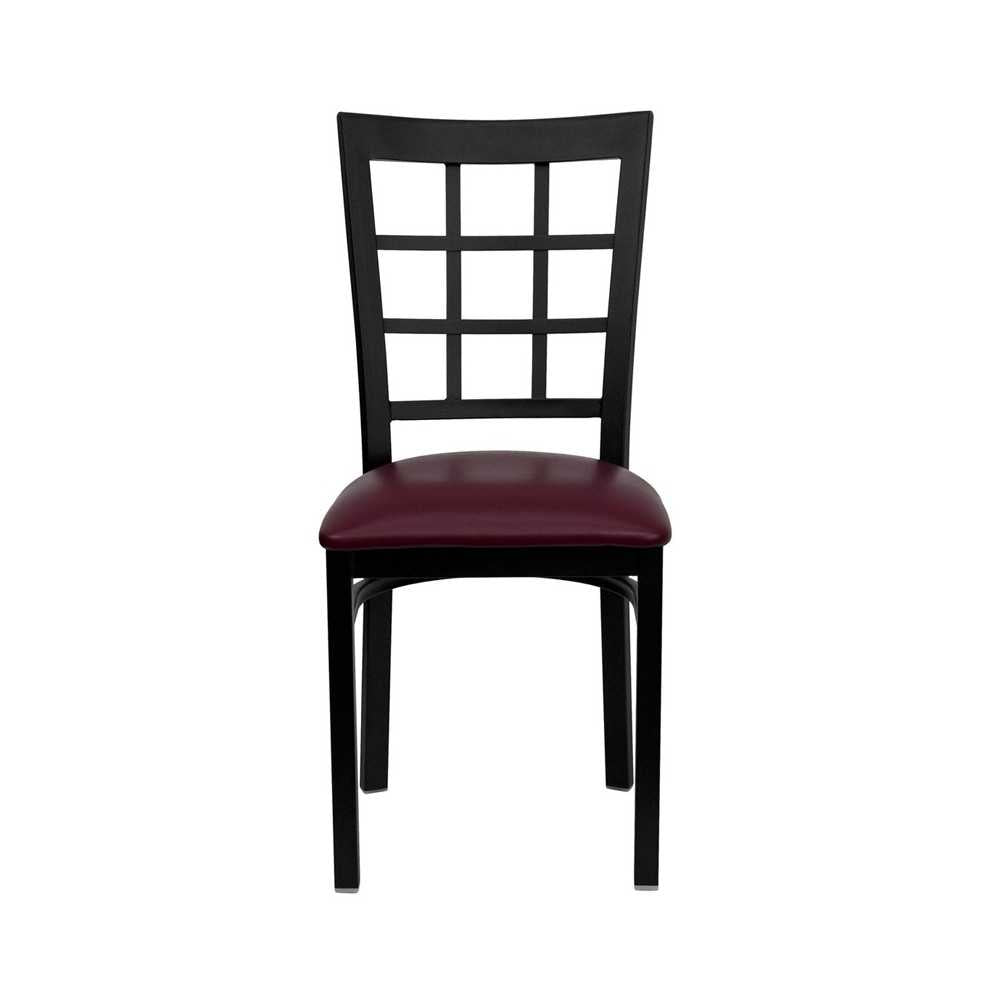 Black Window Back Metal Restaurant Chair - Burgundy Vinyl Seat