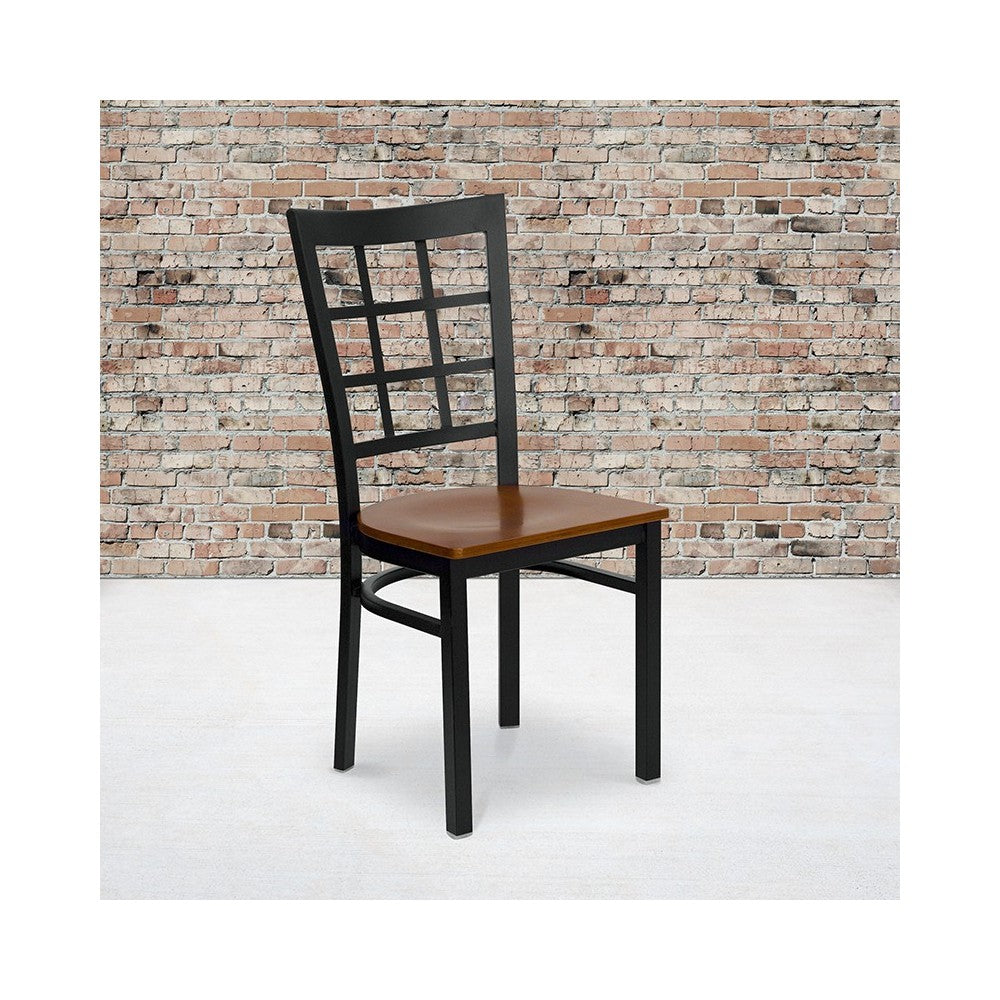 Black Window Back Metal Restaurant Chair - Cherry Wood Seat