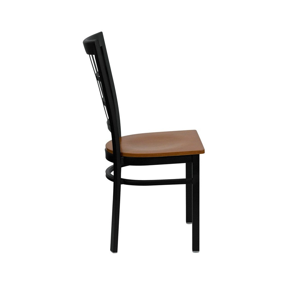 Black Window Back Metal Restaurant Chair - Cherry Wood Seat