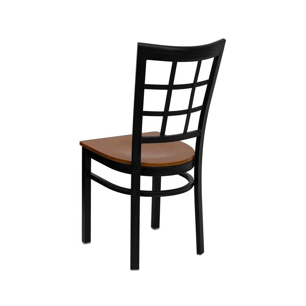 Black Window Back Metal Restaurant Chair - Cherry Wood Seat