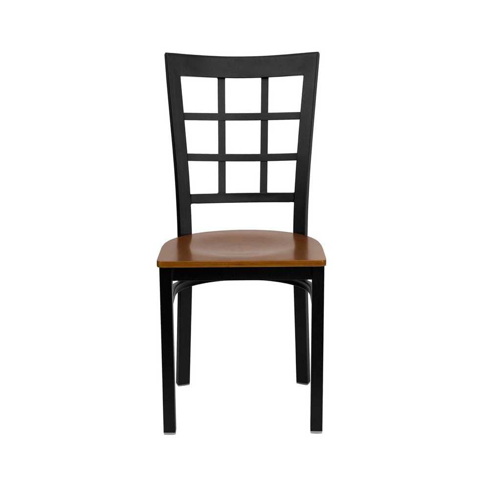 Black Window Back Metal Restaurant Chair - Cherry Wood Seat