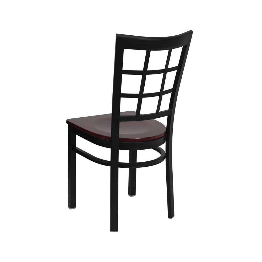 Black Window Back Metal Restaurant Chair - Mahogany Wood Seat
