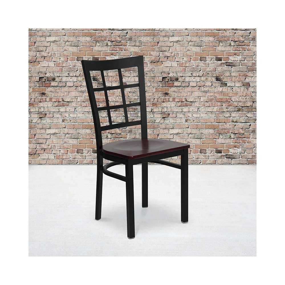 Black Window Back Metal Restaurant Chair - Mahogany Wood Seat
