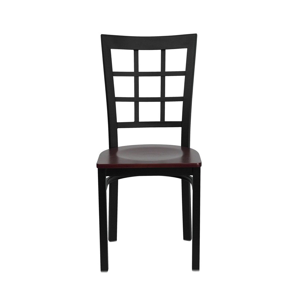 Black Window Back Metal Restaurant Chair - Mahogany Wood Seat