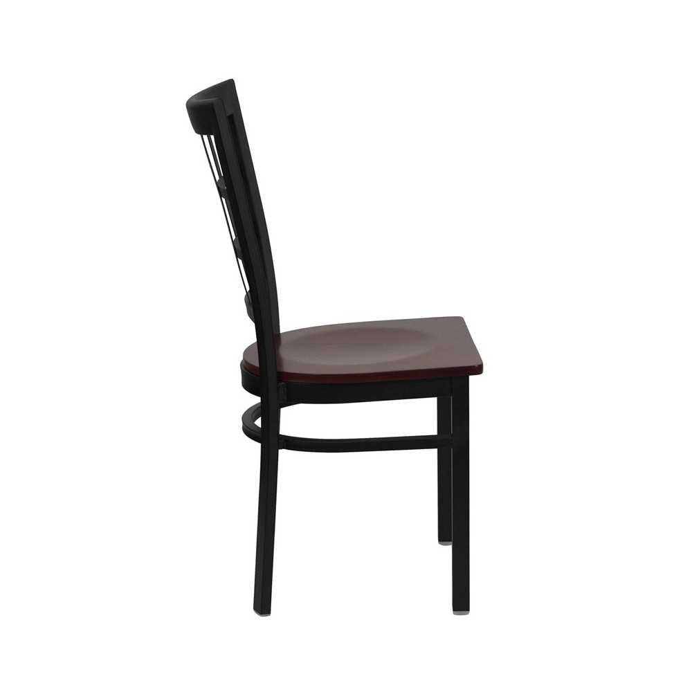 Black Window Back Metal Restaurant Chair - Mahogany Wood Seat