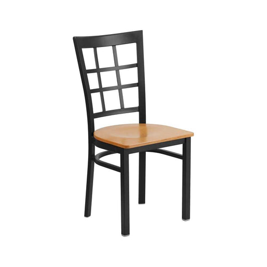 Black Window Back Metal Restaurant Chair - Natural Wood Seat