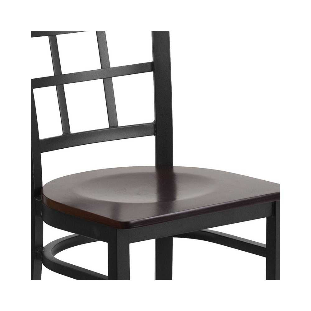 Black Window Back Metal Restaurant Chair - Walnut Wood Seat