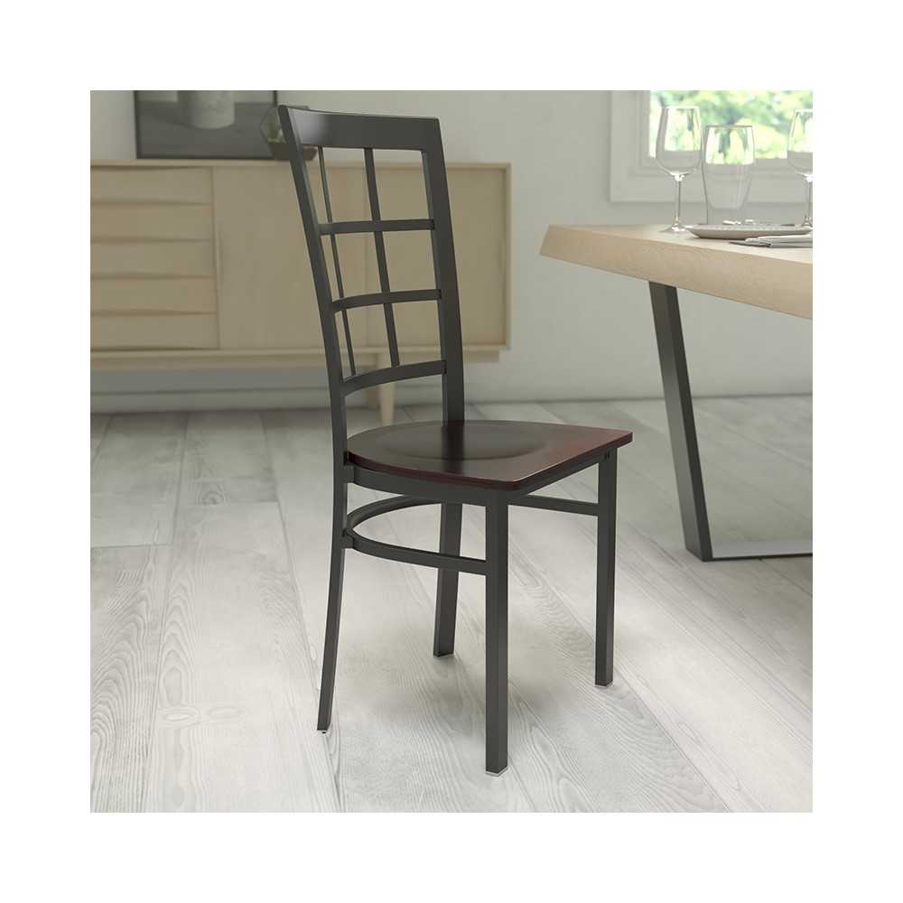Black Window Back Metal Restaurant Chair - Walnut Wood Seat