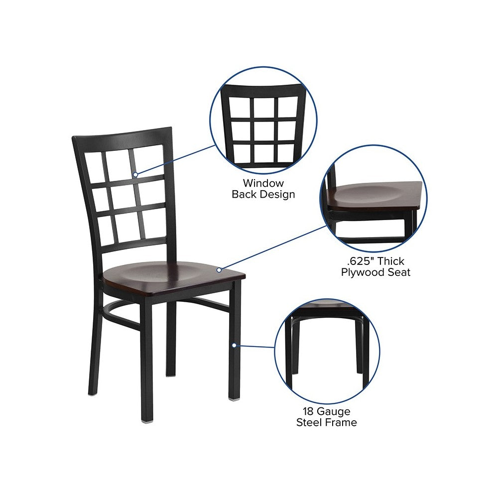 Black Window Back Metal Restaurant Chair - Walnut Wood Seat