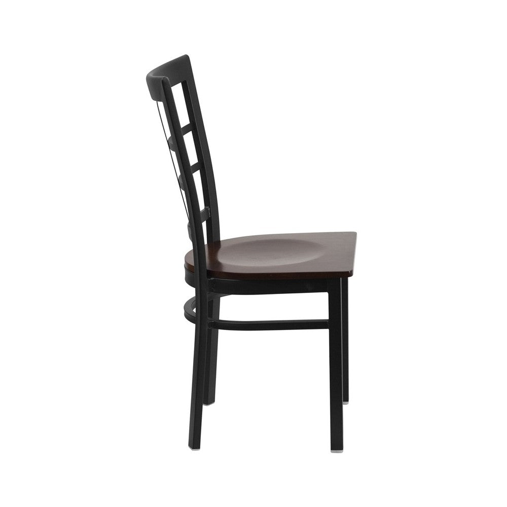 Black Window Back Metal Restaurant Chair - Walnut Wood Seat