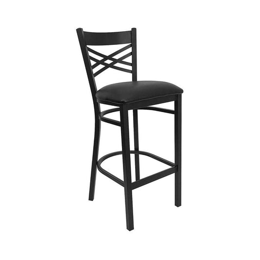 Black ''X'' Back Metal Restaurant Barstool - Black Vinyl Seat