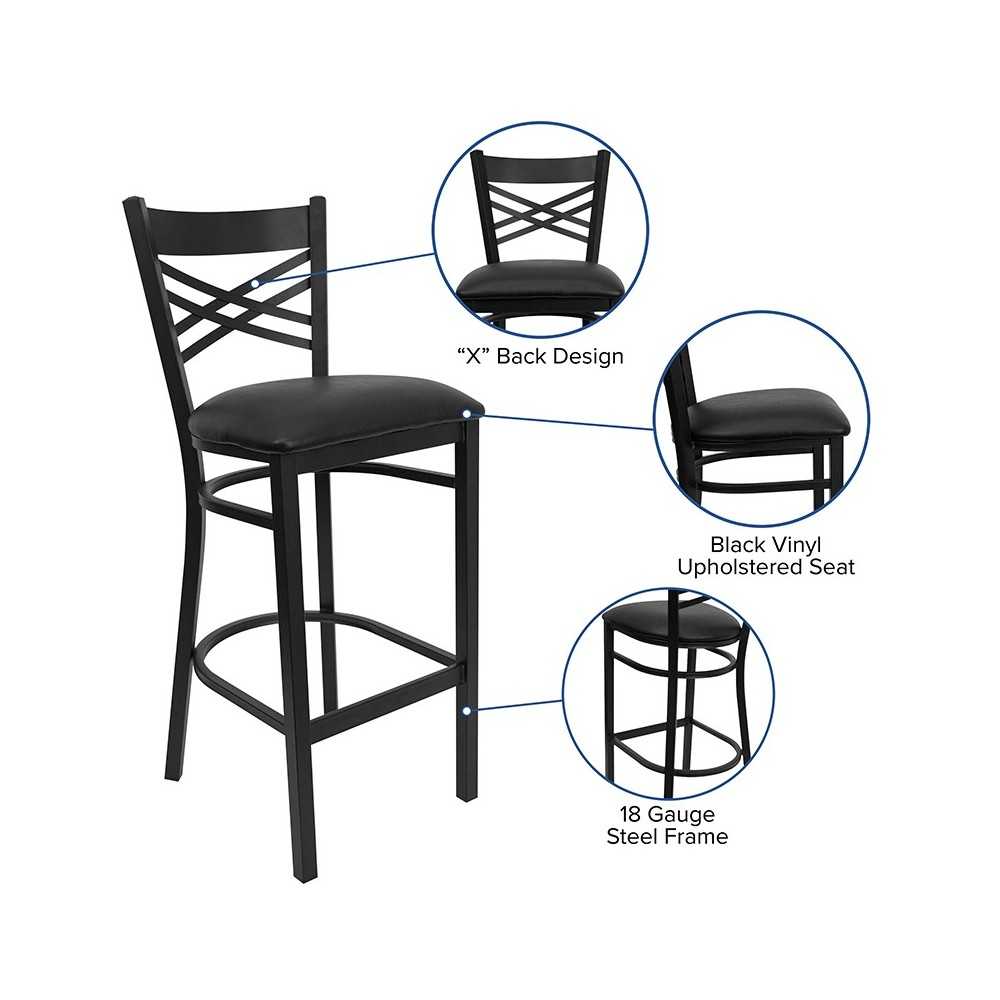 Black ''X'' Back Metal Restaurant Barstool - Black Vinyl Seat