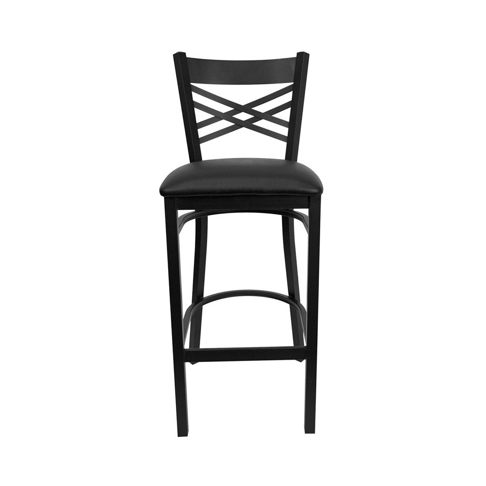 Black ''X'' Back Metal Restaurant Barstool - Black Vinyl Seat