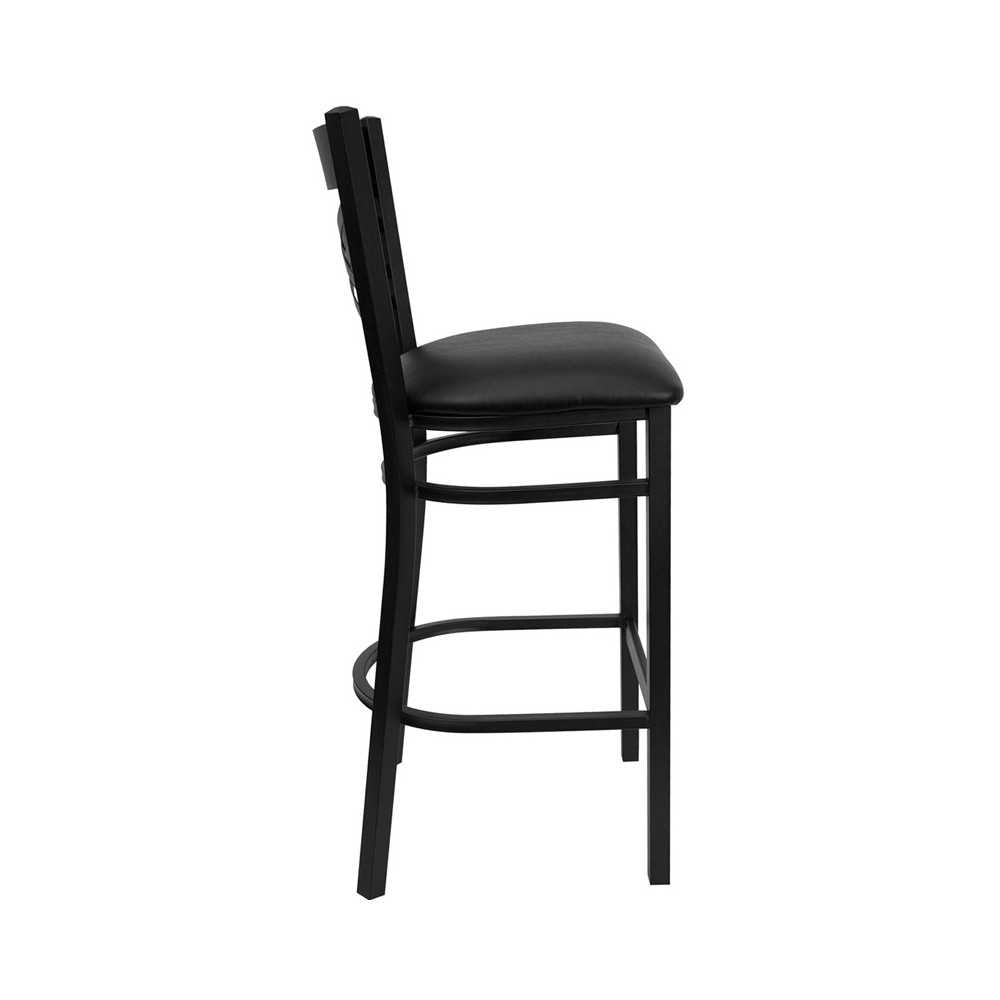 Black ''X'' Back Metal Restaurant Barstool - Black Vinyl Seat
