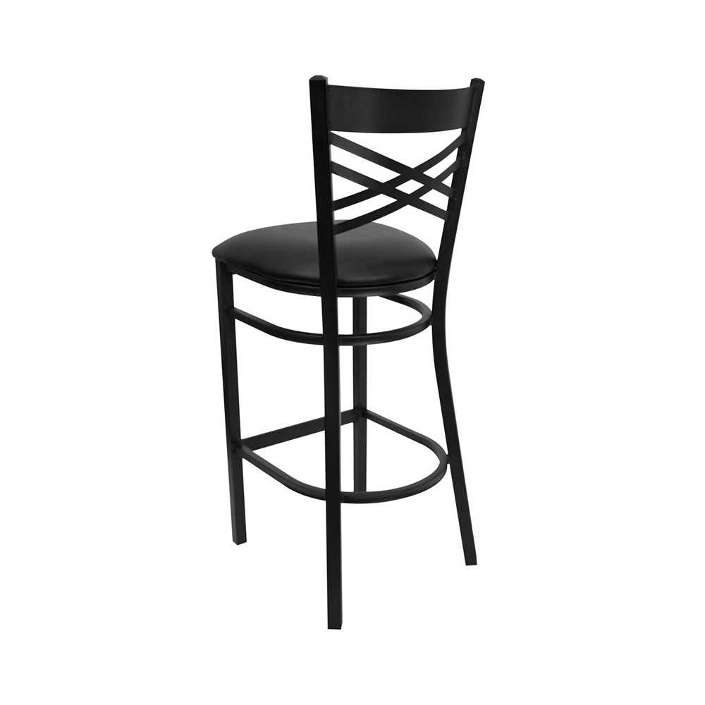 Black ''X'' Back Metal Restaurant Barstool - Black Vinyl Seat