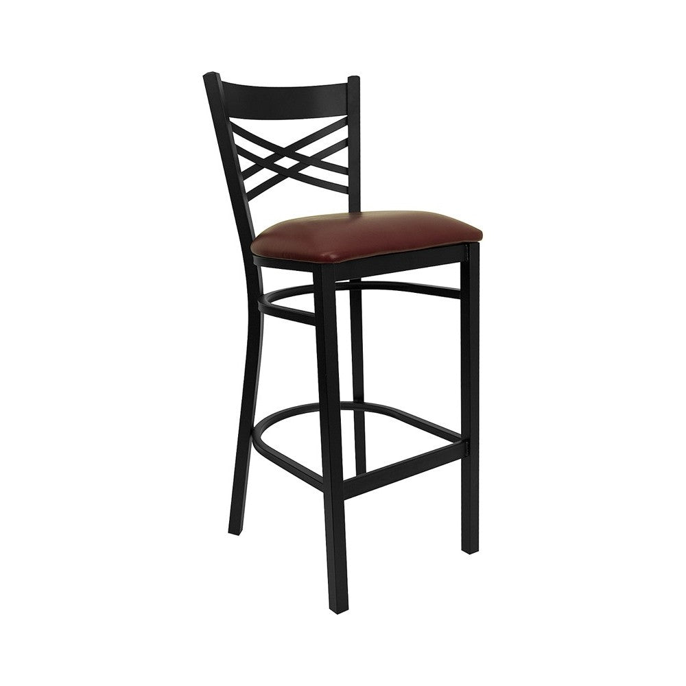 Black ''X'' Back Metal Restaurant Barstool - Burgundy Vinyl Seat