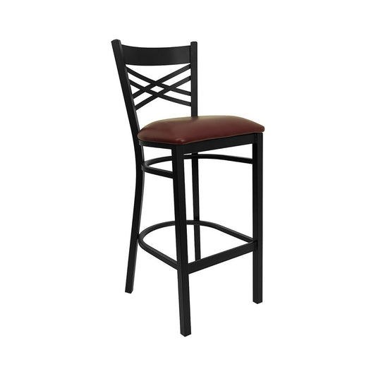 Black ''X'' Back Metal Restaurant Barstool - Burgundy Vinyl Seat