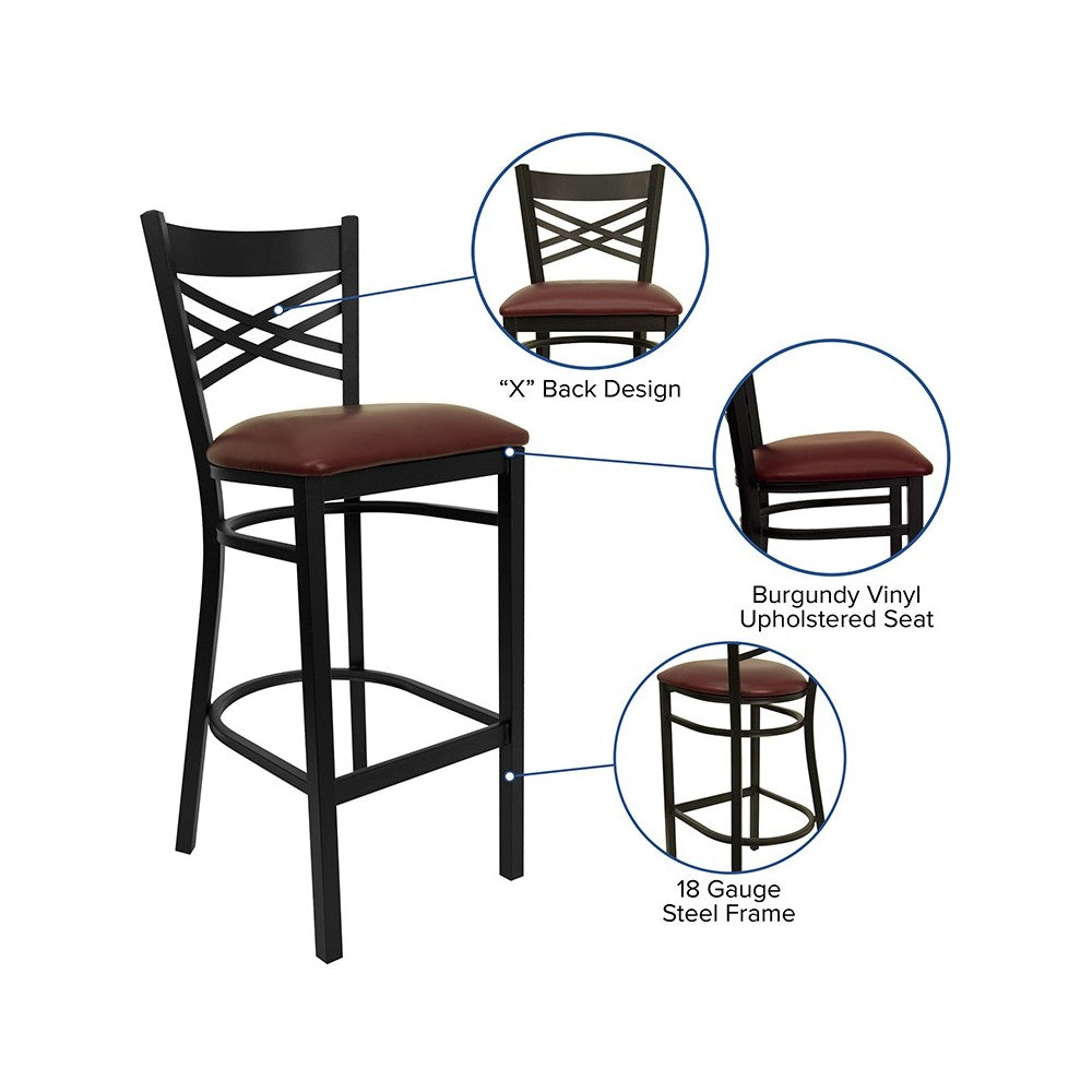 Black ''X'' Back Metal Restaurant Barstool - Burgundy Vinyl Seat