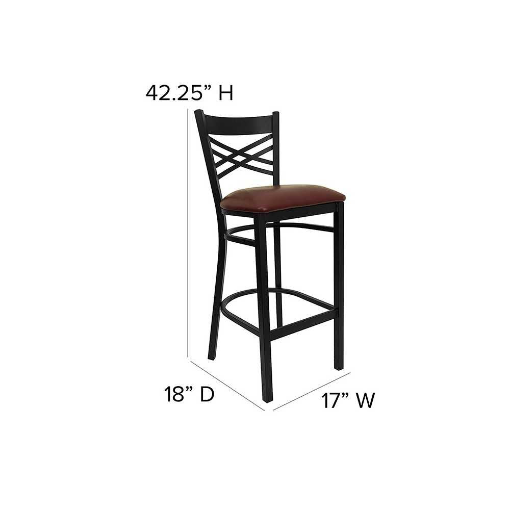Black ''X'' Back Metal Restaurant Barstool - Burgundy Vinyl Seat