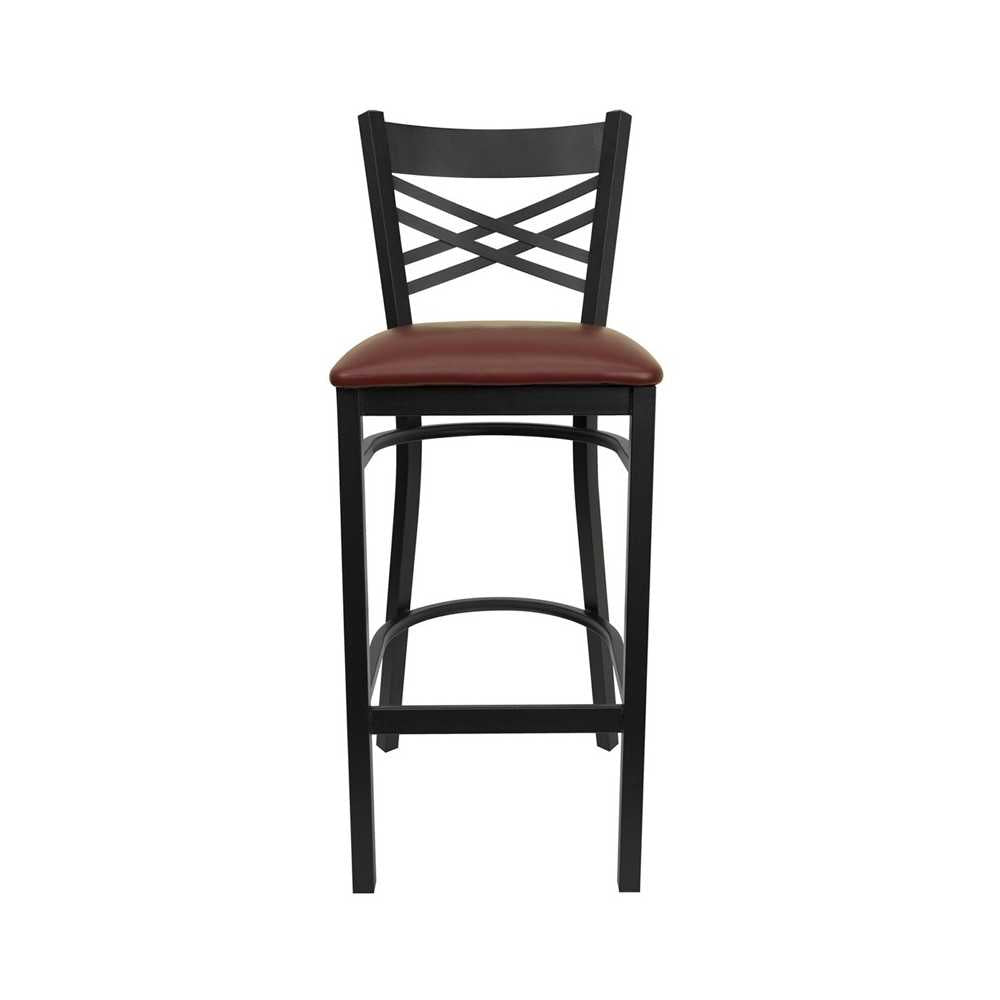 Black ''X'' Back Metal Restaurant Barstool - Burgundy Vinyl Seat