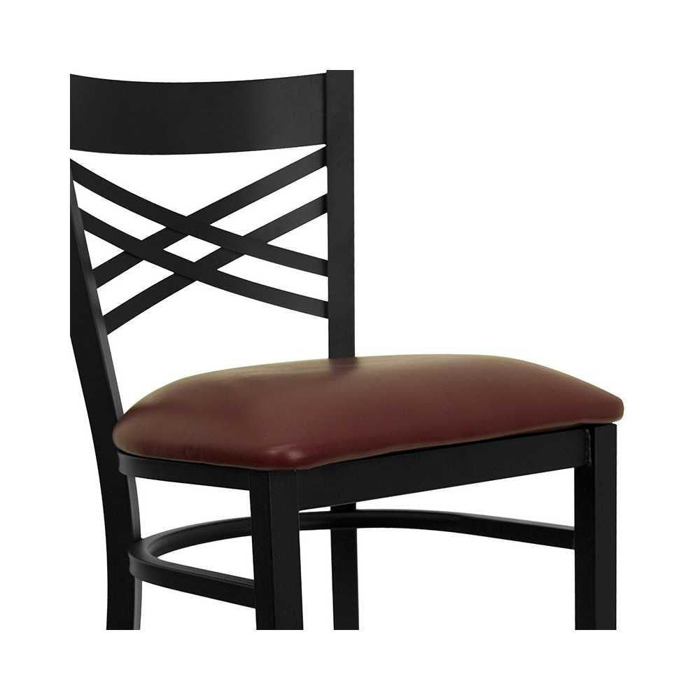Black ''X'' Back Metal Restaurant Barstool - Burgundy Vinyl Seat