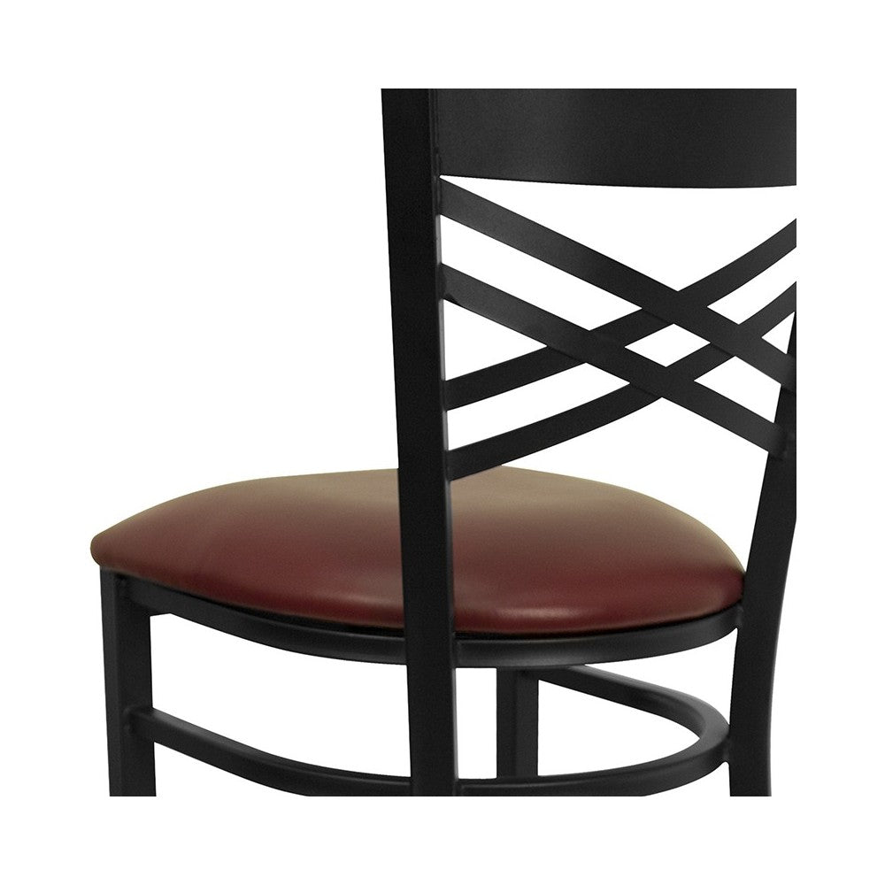 Black ''X'' Back Metal Restaurant Barstool - Burgundy Vinyl Seat