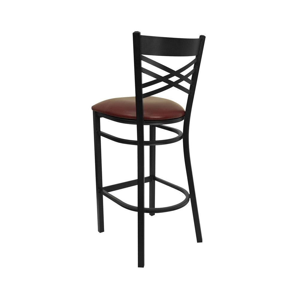 Black ''X'' Back Metal Restaurant Barstool - Burgundy Vinyl Seat