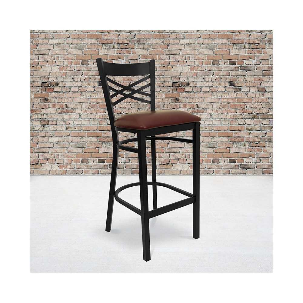 Black ''X'' Back Metal Restaurant Barstool - Burgundy Vinyl Seat
