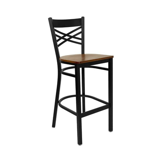 Black ''X'' Back Metal Restaurant Barstool - Cherry Wood Seat
