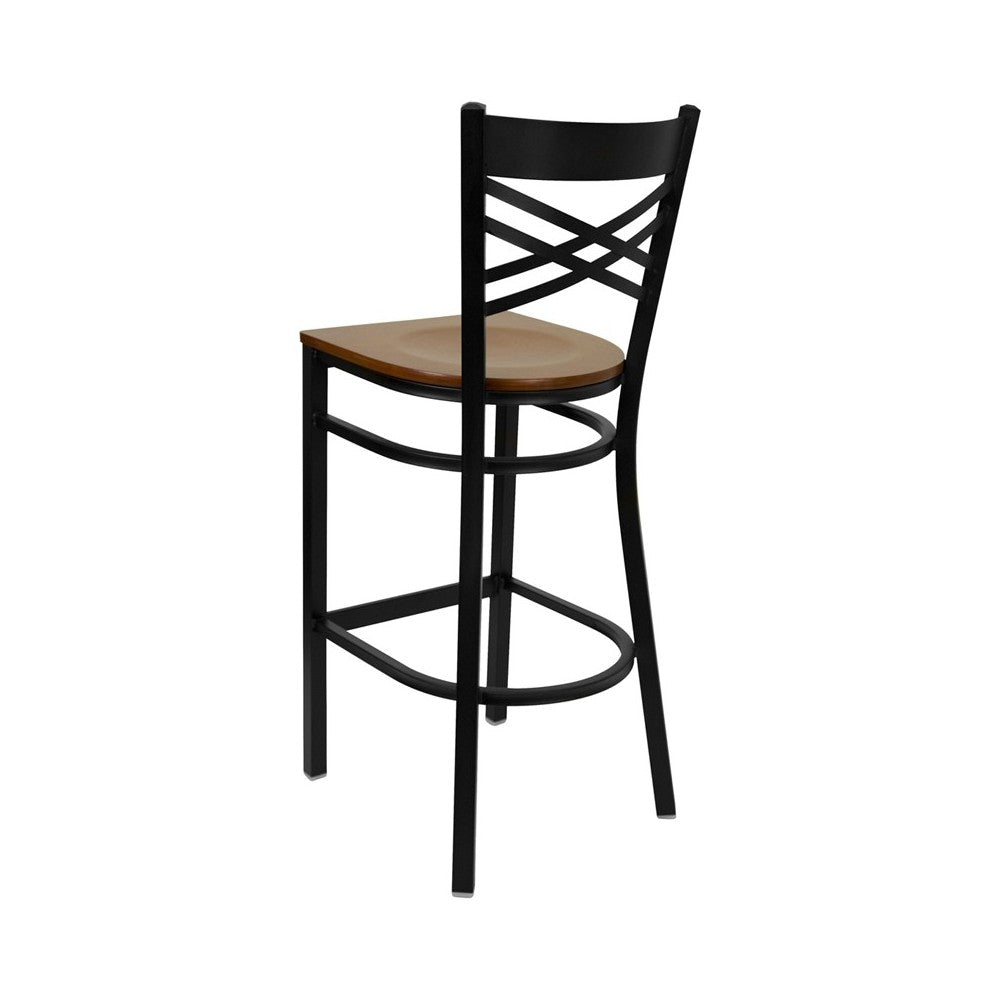 Black ''X'' Back Metal Restaurant Barstool - Cherry Wood Seat