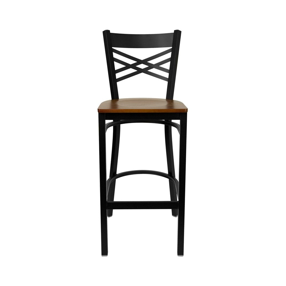 Black ''X'' Back Metal Restaurant Barstool - Cherry Wood Seat