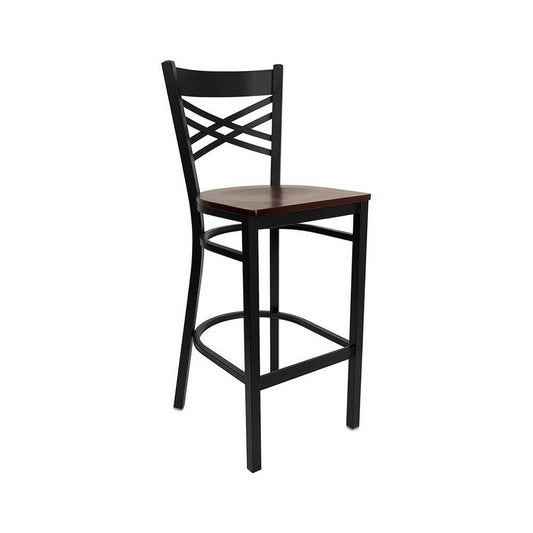 Black ''X'' Back Metal Restaurant Barstool - Mahogany Wood Seat