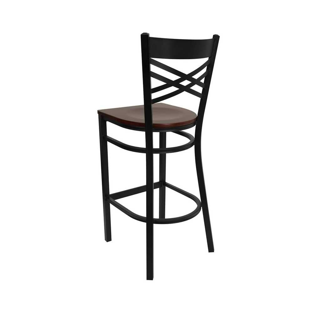Black ''X'' Back Metal Restaurant Barstool - Mahogany Wood Seat