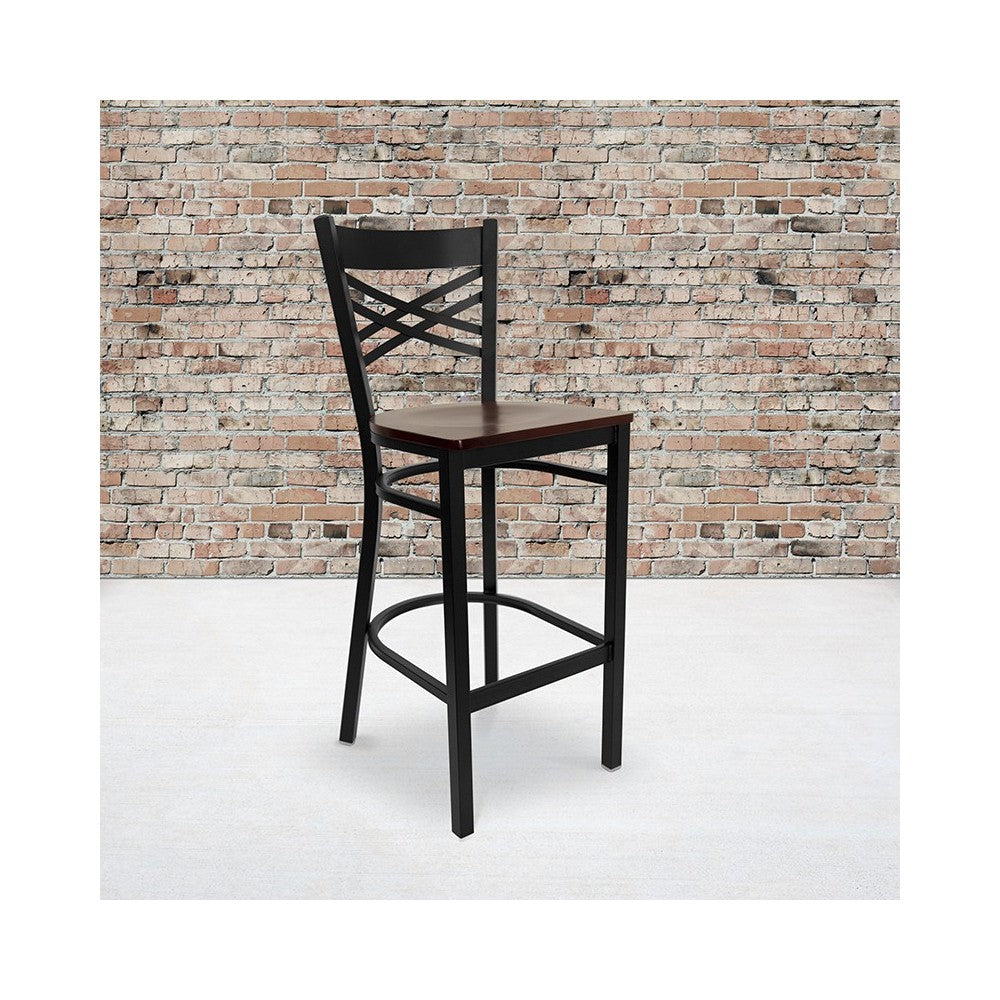Black ''X'' Back Metal Restaurant Barstool - Mahogany Wood Seat